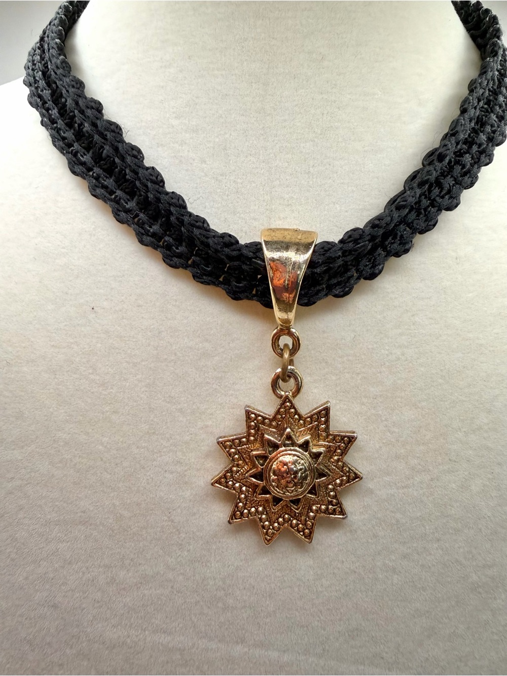 Whimsigoth Gold Sunburst Pendant Necklace with Black Braided Nylon Cord